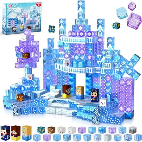 Blocs magnétiques transparents Magneverse - 100 PCS Cubes de construction magnétiques Château bleu Jouets pour cadeaux d'anniversaire de Noël pour tout-petits - Montessori Sensory...
