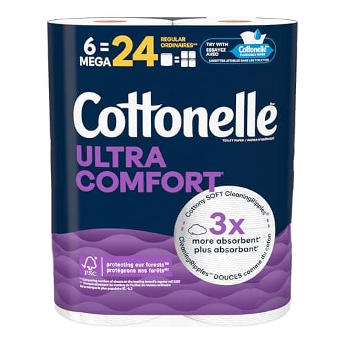 Papier toilette Cottonelle, 6 méga rouleaux = 24 rouleaux réguliers, ultra confort, papier hygiénique doux, 244 feuilles par rouleau, l'emballage peut varier