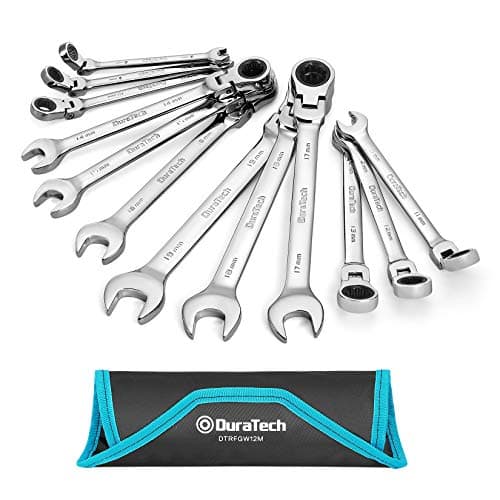 Jeu de clés mixtes à cliquet à tête flexible DURATECH, métriques, 12 pièces, 8-19 mm, construction en acier au chrome vanadium avec pochette roulante