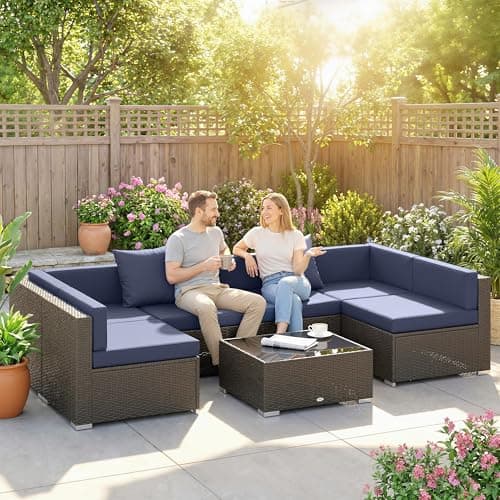 Outsunny 7 Piece Patio Furniture Set, PE Rattan Outdoor Conversation Set with Sectional Sofa, Glass Tabletop, Cushions and Pillows for Garden,...