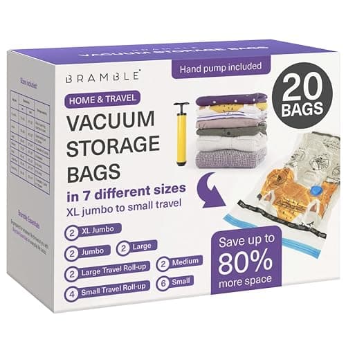 BRAMBLE Paquet de 20 sacs de rangement sous vide (2 XL Jumbo, 2 Jumbo, 2 Grands, 2 Moyens, 6 Petits, 6 Enroulables) Sacs de compression à scellement peu encombrant pour vêtements,...