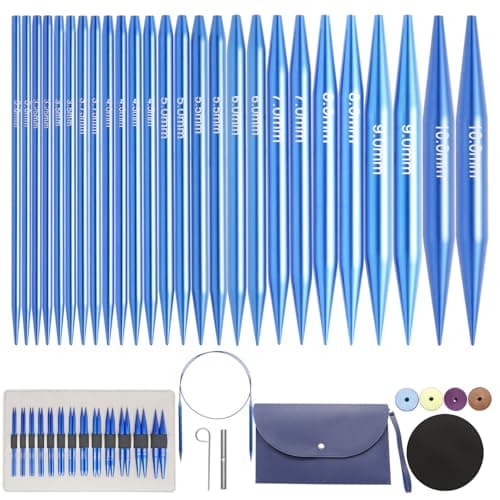 Iswawo Interchangeable Circular Knitting Needles Set 13 Pairs, Aluminum Short 4-inch Round Metal Crochet Needles for Sock Sizes US 3-10mm with 4...