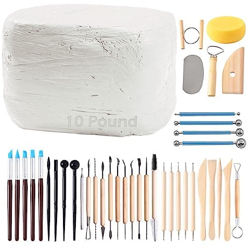 ReArt Argile naturelle séchée à l'air libre, 10 kg avec 40 outils de poterie, ensemble d'outils de sculpture en argile, argile à modeler tout usage (blanc)
