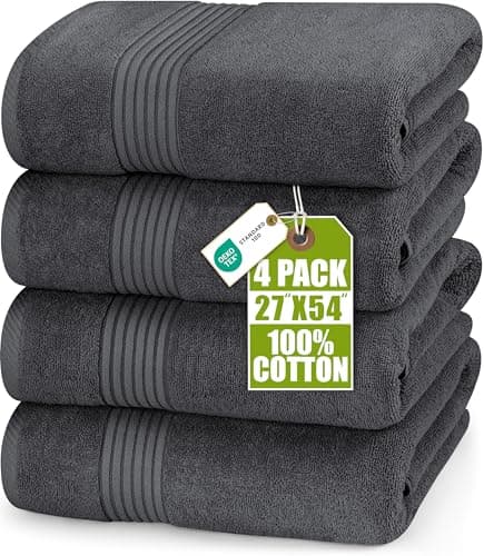 Utopia Towels Lot de 4 serviettes de bain de qualité supérieure 100 % coton peigné filé à anneaux, ultra douces et très absorbantes, 27 x 54 pouces, grandes serviettes de bain, gris
