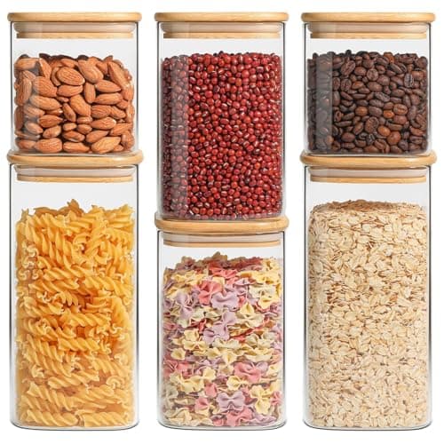 ComSaf Airtight Glass Storage Canister with Bamboo Lid (650ML/1.1L/1.5L) Set of 6, Clear Food Storage Container Kitchen Pantry Storage Jar for...