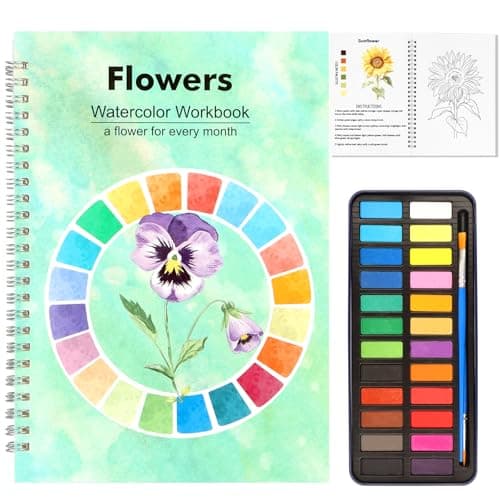 Cahier d'exercices à l'aquarelle 24 couleurs, ensemble de peinture à l'aquarelle solide, thème floral, papier épais anti-dégorgement, kit de peinture adapté aux débutants pour adultes, adolescents et enfants...