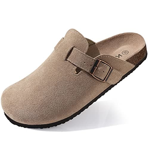 KIDMI Sabots en daim pour femme Mules en cuir Sandales avec semelle en liège Chaussures de pomme de terre avec soutien de la voûte plantaire Taupe 40