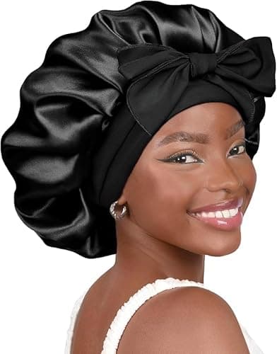 YANIBEST Bonnet en Soie pour Femmes Dormantes Bonnet en Satin Double Couche Bonnets de Cheveux Doublés de Satin avec Bande de Cravate Cheveux Naturels Bouclés Noir