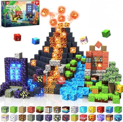 Blocs magnétiques GraceDuck avec lumière LED 150 PCS Construisez un château de forêt de volcan de dinosaure, blocs de construction magnétiques empilant des cubes jouets sensoriels pour...