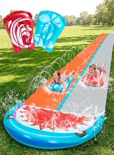 Sloosh Toboggans aquatiques de 22,5 pieds avec 2 planches gonflables, toboggan aquatique pour pelouse extérieure, 2 voies de course coulissantes avec arroseurs, jouet d'été, requin