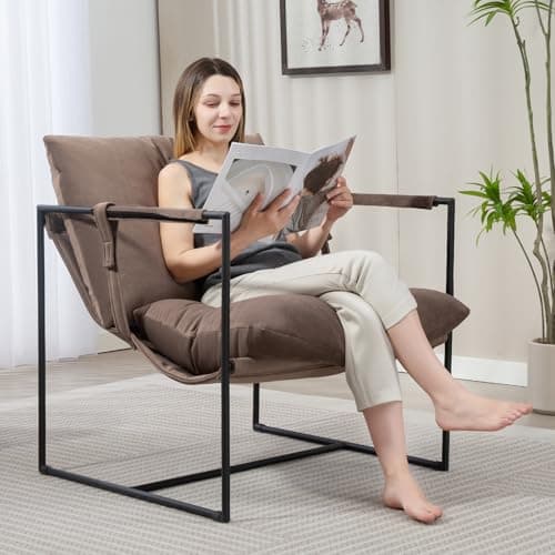 Mondschein Accent Chair, Large Living Room Chair Cross Legged Armchair with Foam Cushion, Reading Chair, Bedroom Chair, Metal Frame (Camel)