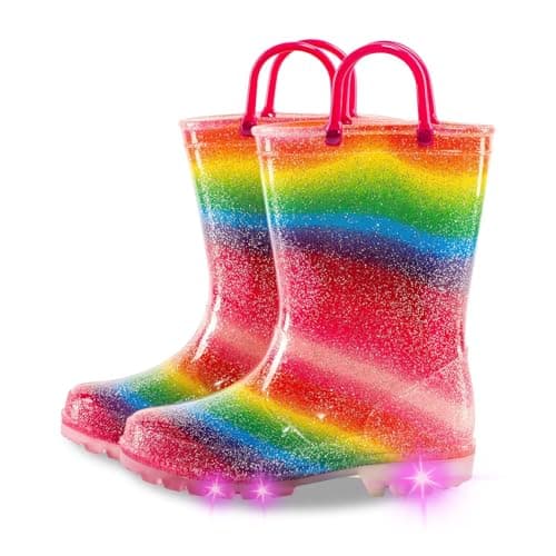 Bottes de pluie pour tout-petits, bottes de pluie lumineuses pour filles, bottes de pluie imperméables à paillettes arc-en-ciel avec poignées faciles à enfiler, grand enfant taille 1