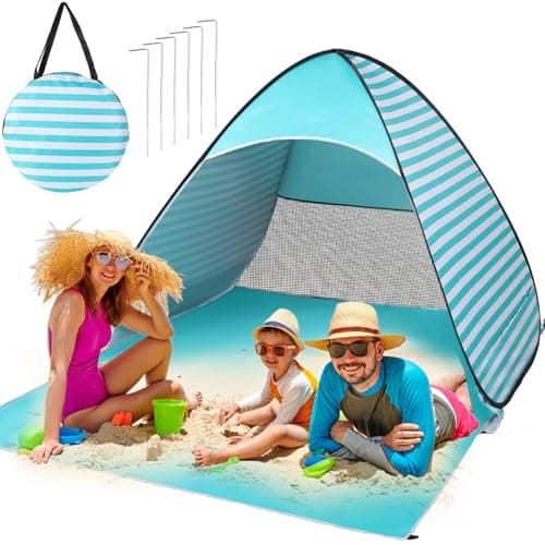 Easy Pop Up Beach Tent 2-3 Person Sun Shelter Lightweight Family Beach Shade UPF 50+ Anti UV Portable Beach Umbrella Automatic Instant Sunshade...