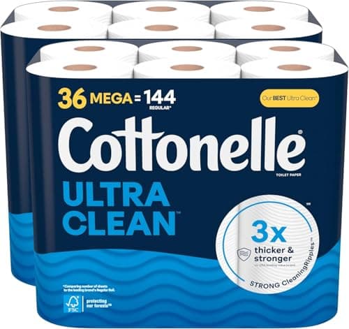 Cottonelle Toilet Paper, 36 Mega Rolls = 144 Regular Rolls (2 Packs of 18), Ultra Clean, Strong Bathroom Tissue, 284 Sheets per Roll, Packaging May...