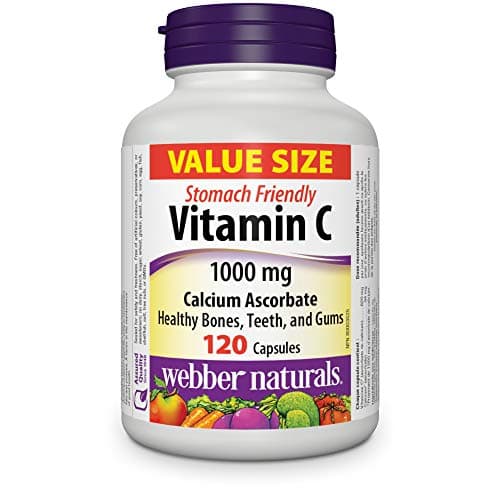 Webber Naturals Vitamine C respectueuse de l'estomac 1000 mg, 120 gélules, pour la santé des os, des dents, du système immunitaire et des antioxydants