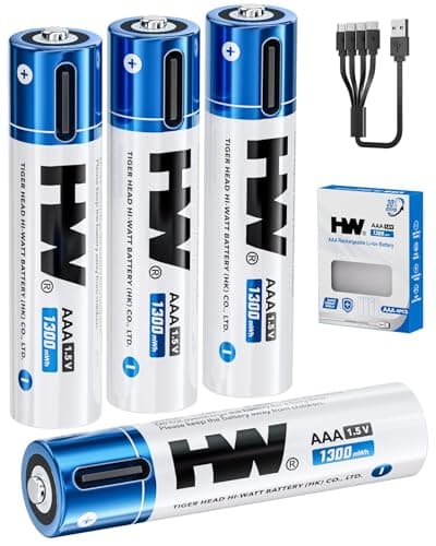 HW AAA Lithium Batteries Rechargeable, [4 Packs, 1300mWh] 1.5V Output 3A Battery with USB C Cable, Over 1000 Cycles Triple A Batteries for...