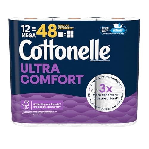 Cottonelle Toilet Paper, 12 Mega Rolls = 48 Regular Rolls, Ultra Comfort, Soft Bathroom Tissue, 244 Sheets per Roll, Packaging May Vary