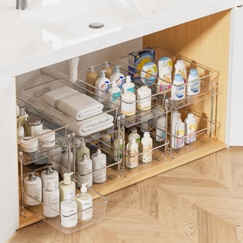 2 Tier Bathroom Storage Organizer, Vtopmart 4 Pack Clear Under Sink Organizers Vanity Counter Storage Container, Medicine Cabinet Drawers Bins,...