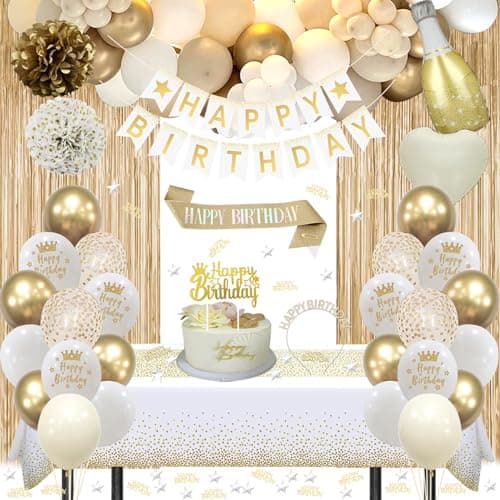Gold Birthday Decorations, Golden Birthday Party Decorations, Happy Birthday Banner White and Gold Balloons Fringe Curtain Tablecloth Bday Sash...