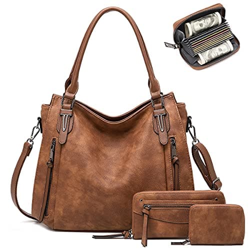 Hobo Sacs à Main pour Femmes Sac Fourre-Tout Boho bandoulière Dames épaule Sacs à Main Designer Faux Cuir Marron 3 pièces Ensemble