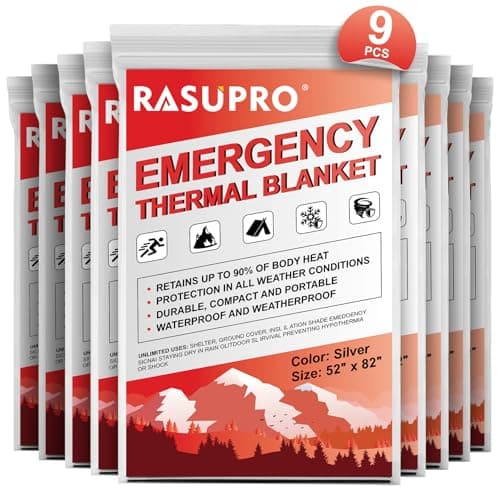 Rasupro Lot de 9 couvertures d'urgence, équipement isolé d'urgence de survie en plein air, couverture isolée thermique en Mylar, parfaite pour le camping, la randonnée,...