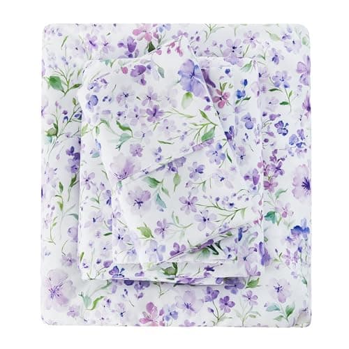 Ensemble de draps Viviland Floral Queen - Draps de lit 4 pièces à motifs de fleurs et de feuilles de lavande vintage - Draps en microfibre doux et respirants avec...