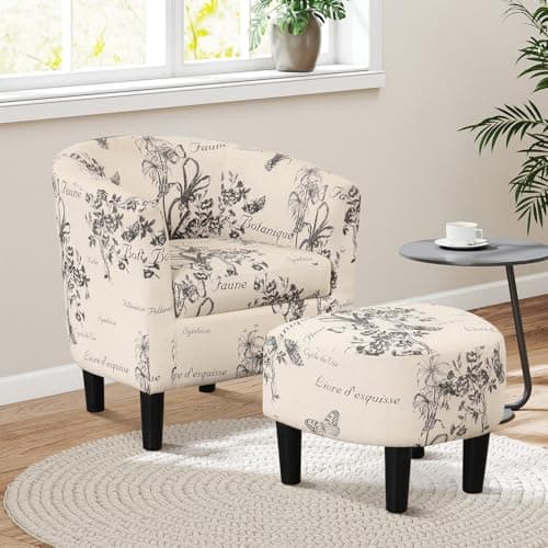 Chaise d'appoint ANJ avec ottoman, fauteuils club confortables en tonneau avec dossier et accoudoirs incurvés, petit fauteuil rond en tissu avec repose-pieds pour le salon,...