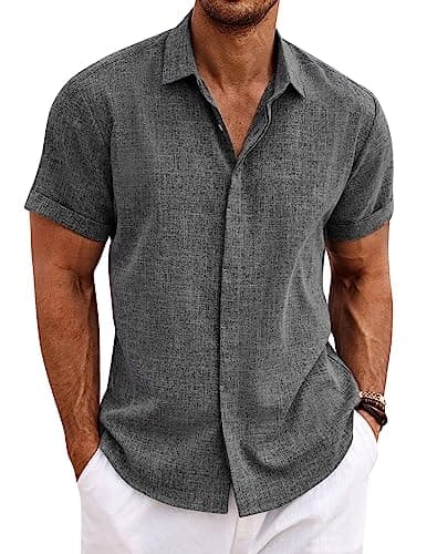 COOFANDY Chemises en Lin pour Hommes Chemises décontractées à Manches Courtes Chemise boutonnée pour Hommes Chemise de Mariage d'été de Plage, Gris foncé, Grand