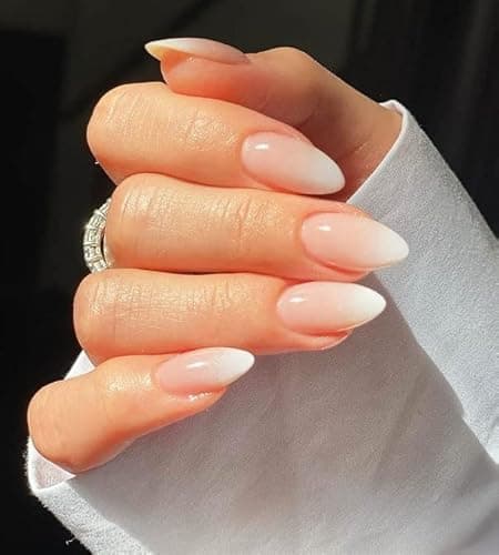LANYOS 24PCS Press on Nails Medium Glossy Nude French Tips Fake Nails Almond Reusable False Nails Acrylic Stick on Nails for Women Girl,Almond Nude...
