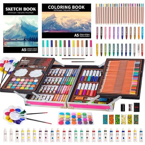Kit d'art KINSPORY, paquet de 139 fournitures d'art avec 2 blocs de croquis, ensemble d'art en bois de luxe, stylos aquarelle, crayons de couleur, pastels à l'huile, peintures,...