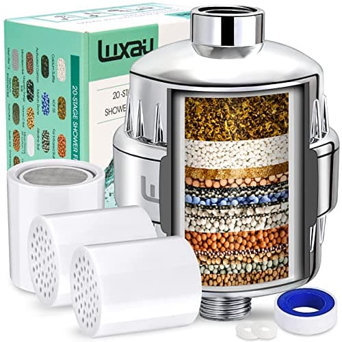 Filtre de douche Luxau à 20 étapes avec 3 cartouches, filtre de pomme de douche, réduit le chlore de l'eau dure, les métaux lourds et les impuretés, améliore les cheveux de la peau, s'adapte...