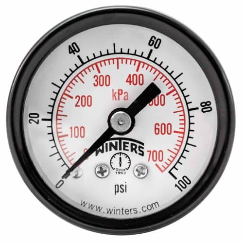 Winters PEM Series Steel Dual Scale Economy Pressure Gauge, 0-100 psi/kpa, 1-1/2" Dial Display, +/-3-2-3% Accuracy, 1/8" NPT Center Back Mount