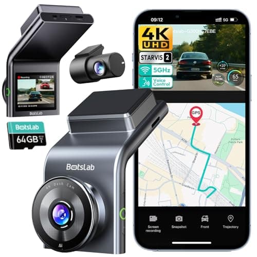 BOTSLAB 4K Dual Dash Cam avant et arrière, capteur STARVIS 2, commande vocale, carte 64 Go incluse, caméra de tableau de bord WiFi 5 GHz pour voitures, GPS intégré, WDR...
