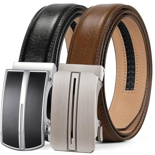 ITIEZY Mens Ratchet Belt,Genuine Leather Dress Belts 2 Pack with Slide Automatic Buckle in Gift Box
