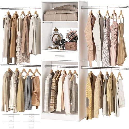 Closet System, 8FT Closet Organizer with Wooden Drawers, Closet Organizer System with Hanging Rods, Walk-in Closets Wardrobe Clothes Rack, Garment...