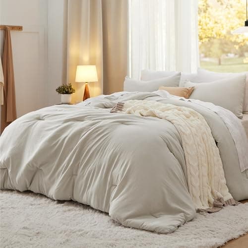 Bedsure Queen Size Comforter Set, Beige Soft Prewashed Bedding for All Seasons, 3 Pieces Warm Down Alternative Bed Set, 1 Lightweight Comforter...