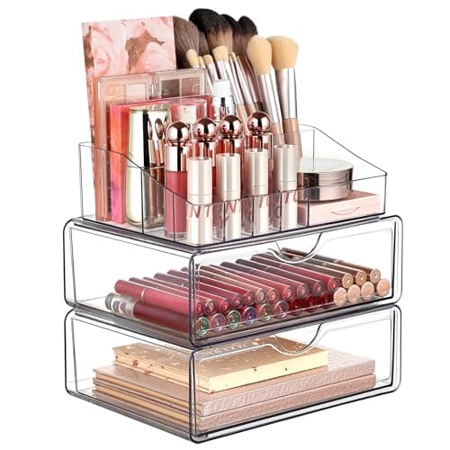 Vtopmart Organiseur de maquillage transparent à 3 niveaux avec tiroir, rangement cosmétique pour comptoir de commode et vanité de salle de bain, organisateur de soins de la peau pour rouge à lèvres...