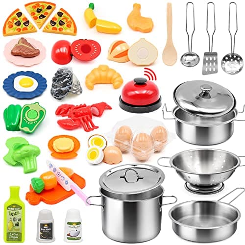 37Items 59Pcs Kids Pretend Play Kitchen Accessories Set, Stainless Steel Play Pots and Pans Sets for Kids, Cooking Utensils, Play Food Pizza Knife...