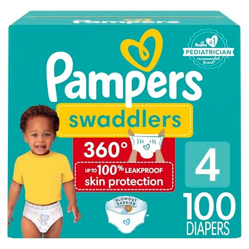 Couches Pampers - Swaddlers 360 degrés - Taille 4, 100 unités, jusqu'à 100 % étanches, ajustement sec confortable, languettes EZ Off conçues pour un changement facile, couche à enfiler