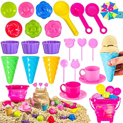 Jouets de sable pour enfants en vrac, 26 pièces jouets de plage colorés avec moules à crème glacée, pelles et seau pliable, robustes pour garçon...