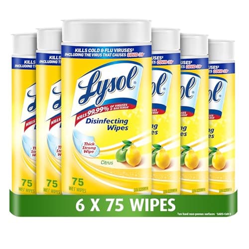 Lingettes désinfectantes Lysol®, Agrumes, (6 x 75 lingettes humides) = 450 lingettes humides, Paquet de 6, Tue 99,99 % des virus et bactérien...