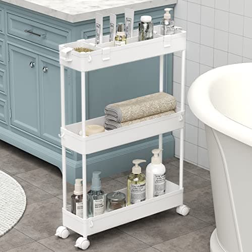 Chariot de rangement mince SPACELEAD, chariot utilitaire roulant à 3 niveaux pour salle de bain, chariot coulissant, chariot organisateur d'unité d'étagère mobile pour...