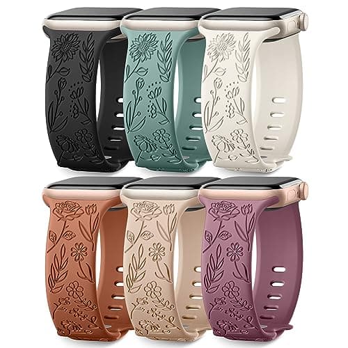 Paquet de 6 bracelets gravés floraux compatibles avec les bracelets Apple Watch 44 mm pour femmes 40 mm 41 mm 45 mm 46 mm 49 mm, silicone confortable réglable pour iWatch...