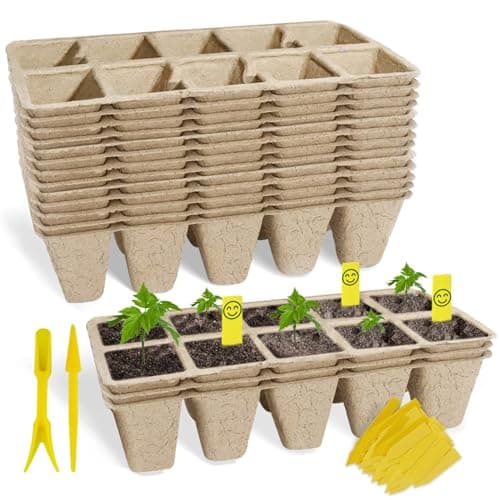 Kit de plateaux de démarrage de semences biodégradables SORANGEUN – Paquet de 10 avec 100 étiquettes de plantes et outil de transplantation, pots de tourbe carrés de 1,8 po pour semis, herbes,...