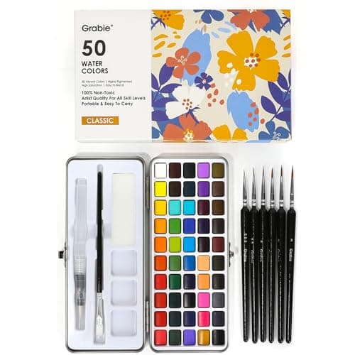 Grabie Watercolor Paint Set, Watercolor Paints, 50 Colors, Painting Set, Detail Paint Brush Included, Art Supplies for Painting, Great Watercolor...