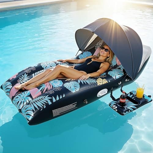 Chaise longue flottante de piscine Deyhoc avec auvent UPF50+, grande chaise flottante réglable et gonflable, conception ergonomique, avec porte-gobelets, parfaite pour la natation...