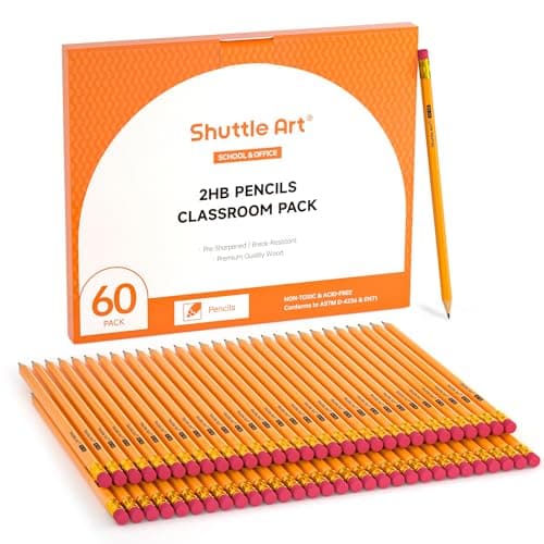 Shuttle Art 60 Pack Pencils, #2 HB, Pre-sharpened Pencils with Top Erasers, Premium Woodcased Yellow Pencil Bulk for Classroom & School Supplies,...