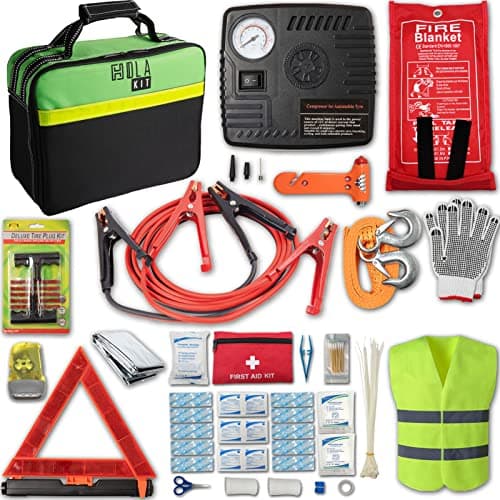 Kit d'urgence pour voiture HolaKit de 78 pièces - Kit d'assistance routière complet avec câbles de démarrage, compresseur d'air portable, sangles de remorquage, trousse de premiers secours,...