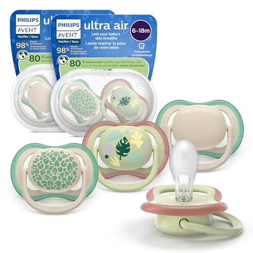 Sucettes Philips Avent Ultra Air - Conception orthodontique, pour bébés de 6 à 18 mois, Tétine symétrique en silicone souple, sans BPA, 2 étuis de stérilisation, 4...