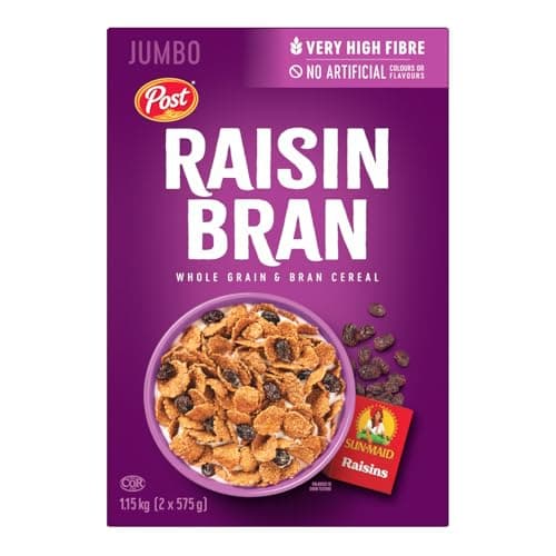 Céréales pour petit déjeuner Post Raisin Bran, très riches en fibres, faites à 100 % de raisins Sun-Maid, préparées au Canada, format jumbo 1,15 kg